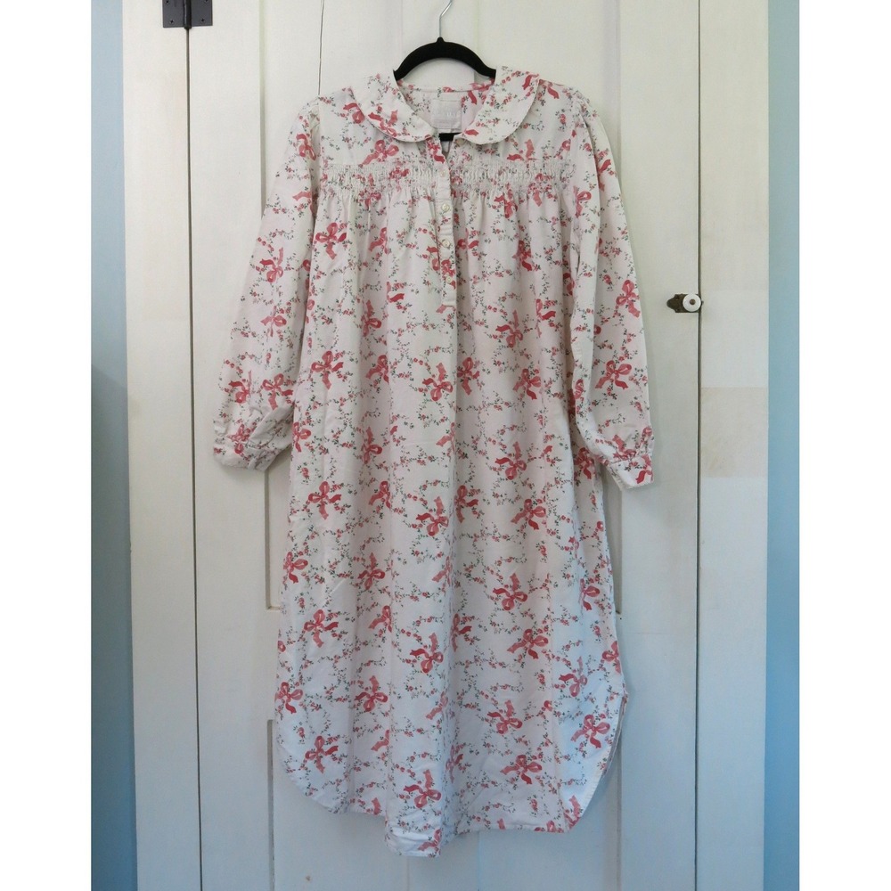 Vintage Erika Taylor Country Cottons Flannel Nightgown Pink Bow Floral Smocked M